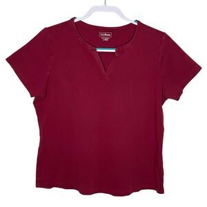 LL Bean Shirt Womens Large Red Cotton Short Sleeve Notch V Neck Casual Comfort
